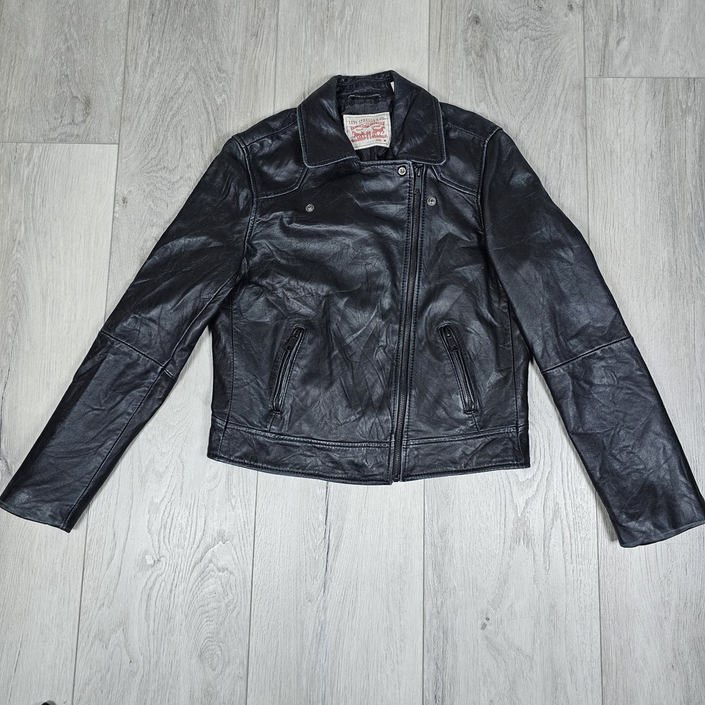 Levis Sheep Leather Jacket Womens Medium Black Full Zip Snap Moto Biker Soft